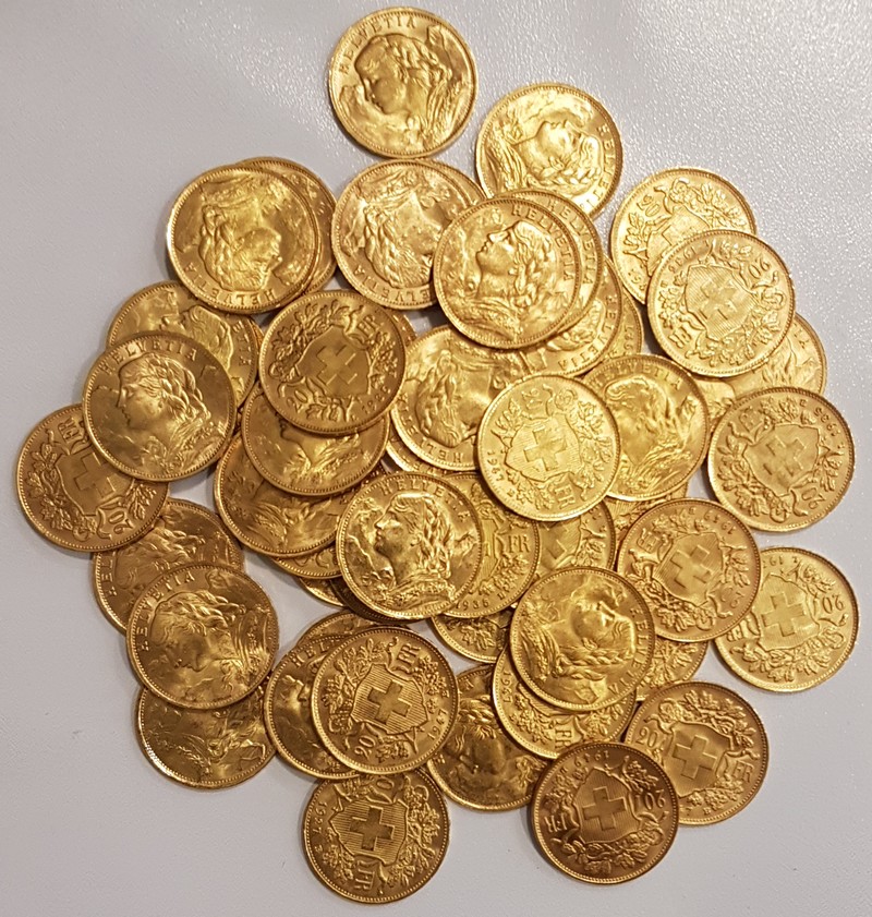 Schweiz MM-Frankfurt Feingewicht: 290,5g Gold 50 x 20sFR (Vreneli) verschiedene sehr schön/vorzüglich