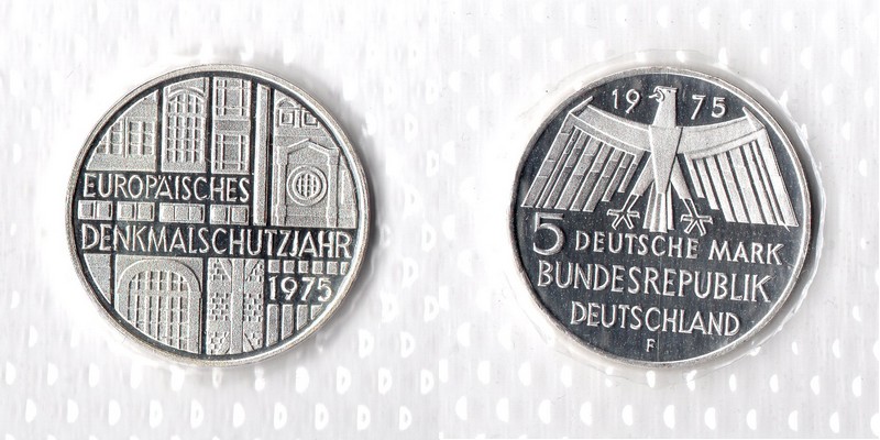  BRD  5 DM  1975 F FM-Frankfurt  Feingewicht: 7g Silber  pp  Europäisches Denkmalschutzjahr   