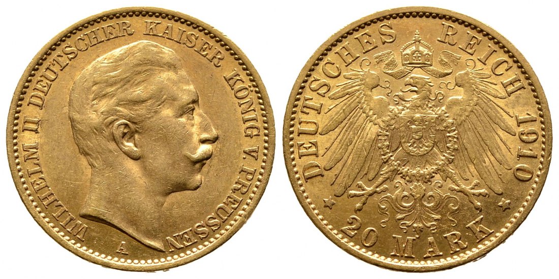 PEUS 8868 Kaiserreich - Preußen 7,17 g Feingold. Wilhelm II.(1888 - 1918) 20 Mark GOLD 1910 A Kl. Kratzer, sehr schön / sehr schön +