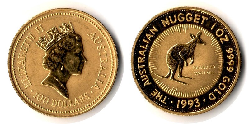 Australien MM-Frankfurt Feingewicht: 31,1g Gold 100 Dollar (Kangaroo) 1993 vz