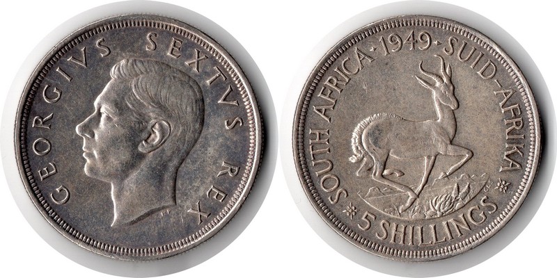  Süd Afrika  5 Shillings  1949  FM-Frankfurt  Feingewicht: 14,14g Silber sehr schön   