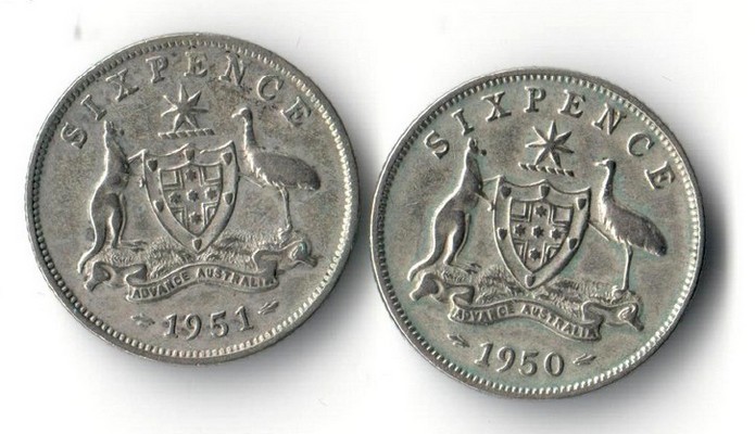  Australien  2x Sixpence  1950/1951  FM-Frankfurt  Feingewicht: 2x 2,61g Silber  sehr schön   