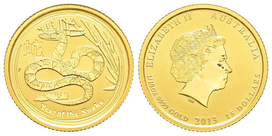 PEUS 9025 Australien 3,11 g Feingold. Jahr der Schlange 15 Dollars GOLD 1/10 Unze 2013P Uncirculated