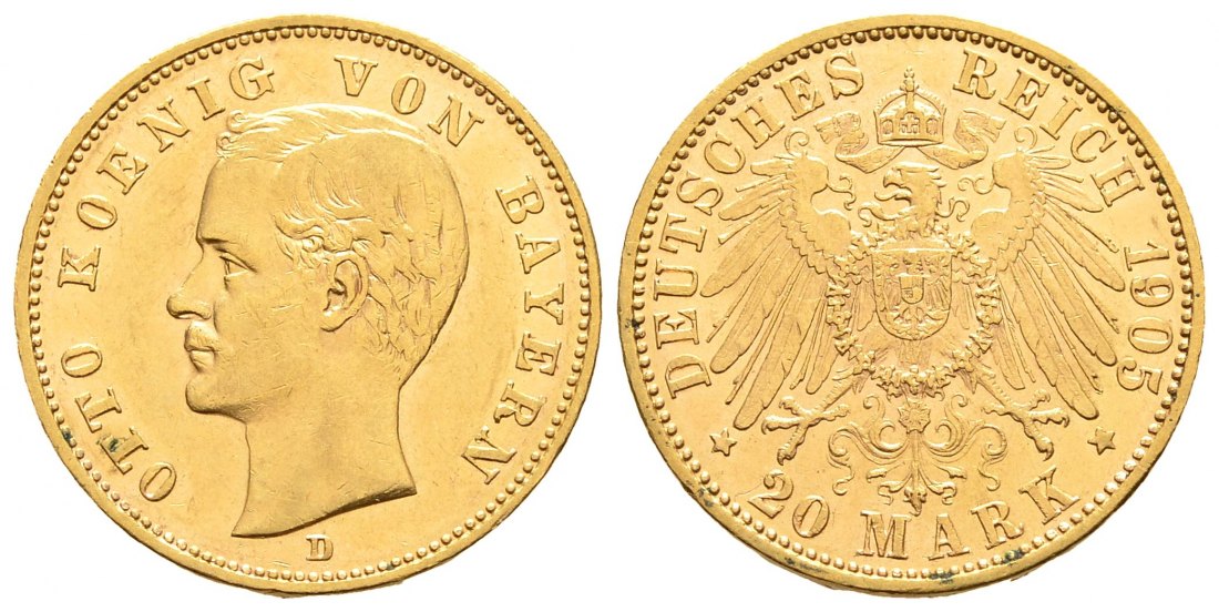 PEUS 9137 Kaiserreich - Bayern 7,17 g Feingold. Otto (1886 - 1913) 20 Mark GOLD 1905 D Kl. Kratzer, fast Vorzüglich