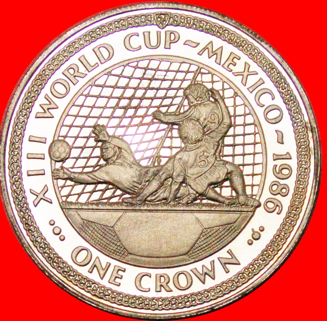  * GREAT BRITAIN: ISLE OF MAN ★ 1 CROWN 1986 FOOTBALL! UNCOMMON! GOALKEEPER! LOW START ★ NO RESERVE!   