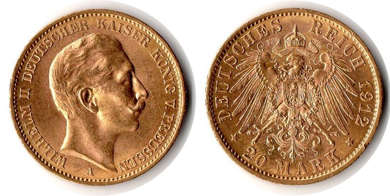 Preussen, Königreich MM-Frankfurt Feingewicht: 7,17g Gold 20 Mark 1912 A sehr schön/vorzüglich