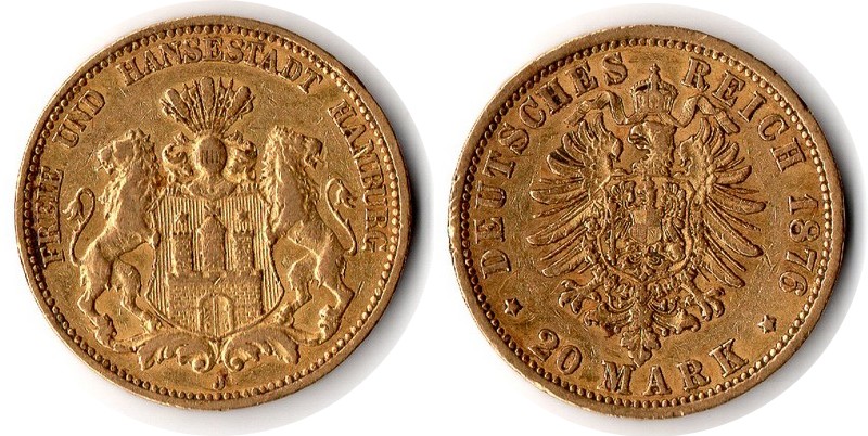 Hamburg, Kaiserreich MM-Frankfurt Feingewicht: 7,17g Gold 20 Mark 1876 J sehr schön