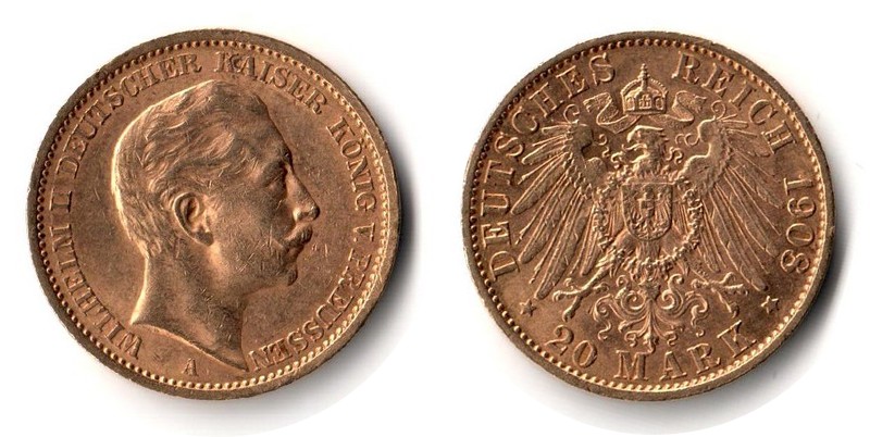 Preussen, Königreich MM-Frankfurt Feingewicht: 7,17g Gold 20 Mark 1908 A sehr schön