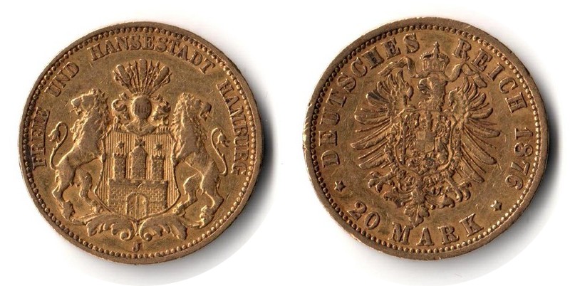 Hamburg, Kaiserreich MM-Frankfurt Feingewicht: 7,17g Gold 20 Mark 1876 J sehr schön