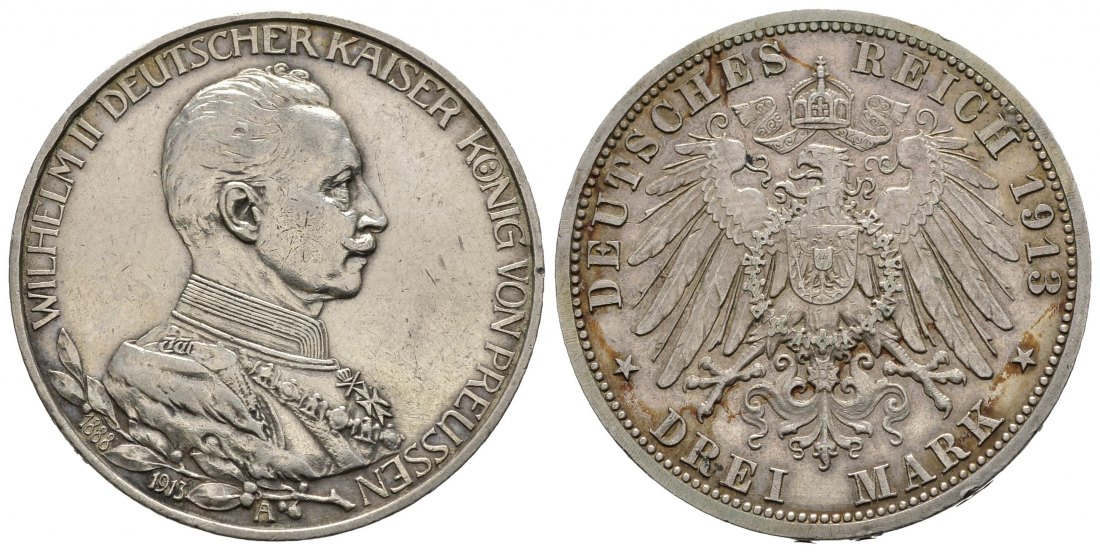 PEUS 9245 Preußen - Kaiserreich 25jähriges Regierungsjubiläum Wilhelm II. in Uniform 3 Mark 1913 A Sehr schön / Vorzüglich