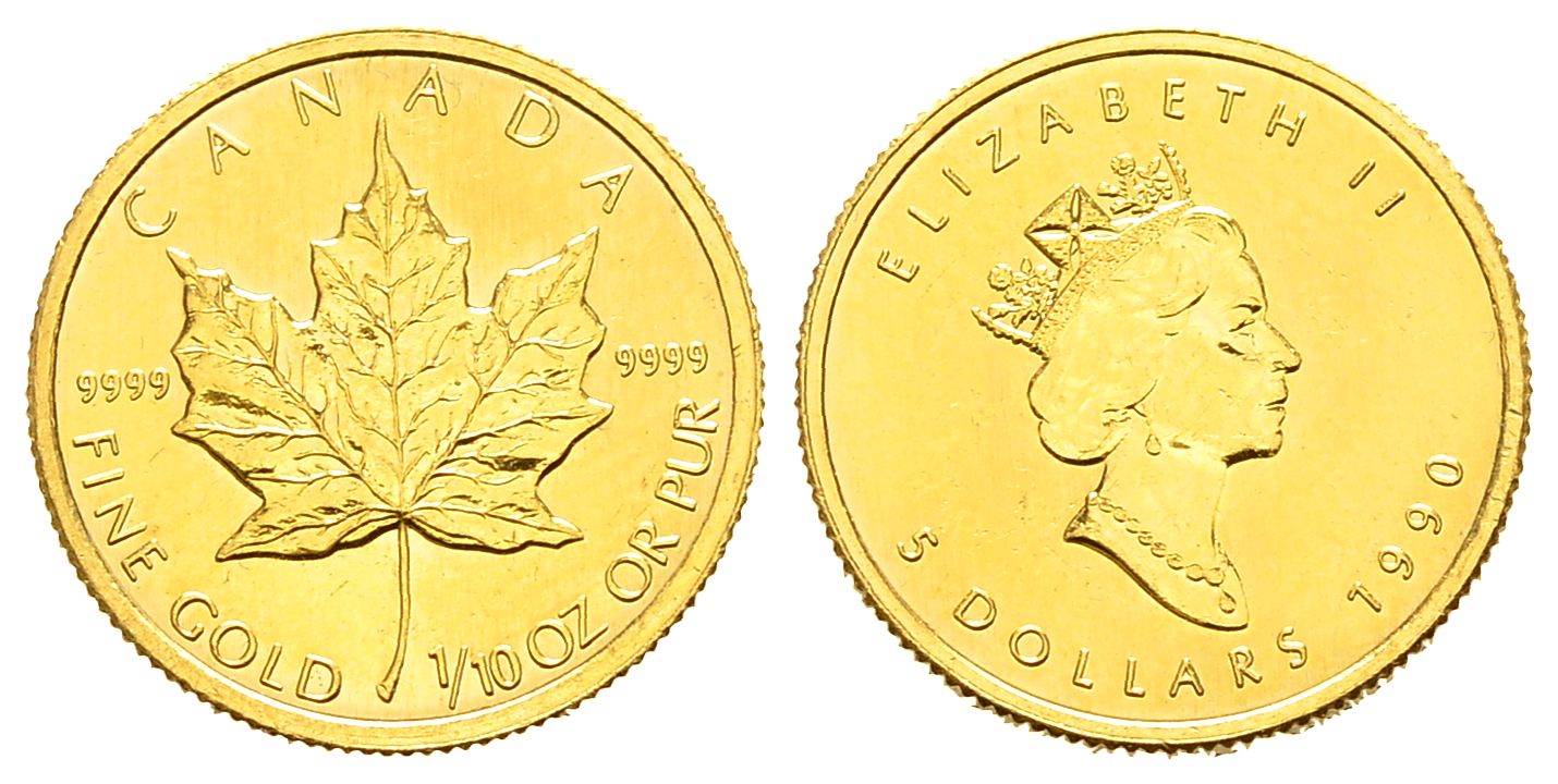 PEUS 9252 Kanada 3,11 g Feingold. Maple Leaf 5 Dollars GOLD 1/10 Unze 1990 Kl. Kratzer, Vorzüglich
