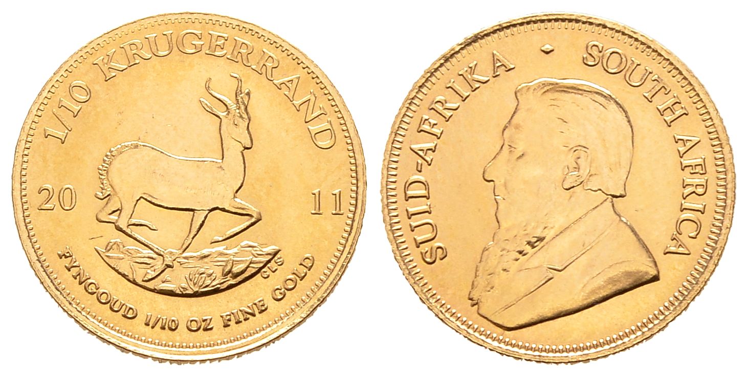 PEUS 9253 Süd-Afrika 3,11 g Feingold 1/10 Krügerrand GOLD 1/10 Unze 2011 Kl. Kratzer, fast Stempelglanz