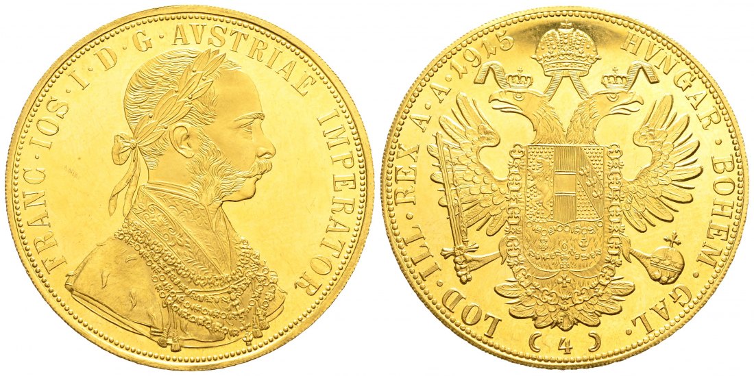 PEUS 9101 Österreich 13,76 g Feingold. Franz Joseph I. (1848 - 1916) 4 Dukaten (off.NP) GOLD 1915 Vorzüglich / Stempelglanz