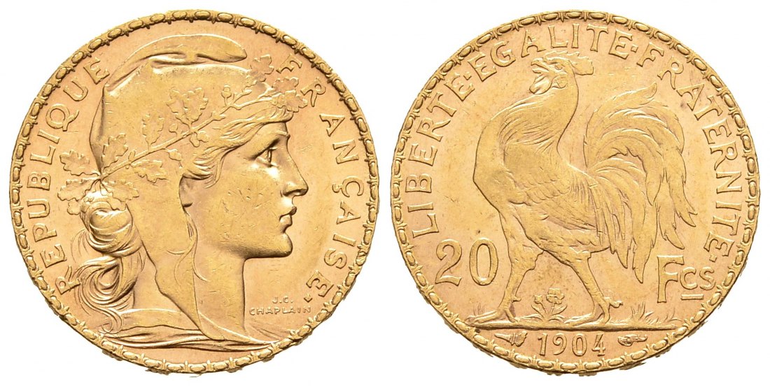 PEUS 8347 Frankreich 5,81 g Feingold. Marianne / Galischer Hahn 20 Francs GOLD 1904 Fast vorzüglich