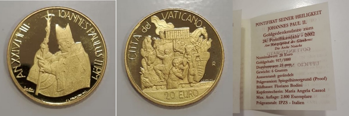  Vatikan  20 EURO  2002  MM-Frankfurt Feingewicht: 5,5g Gold  (Gedenkmünze) PP   