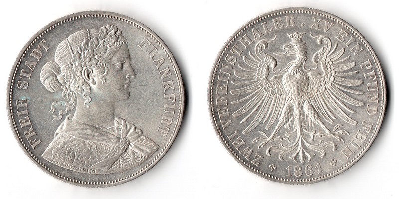  Frankfurt  Zwei Vereinsthaler  1861  FM-Frankfurt  Feingewicht: 33,26g  Silber vz/sehr schön   