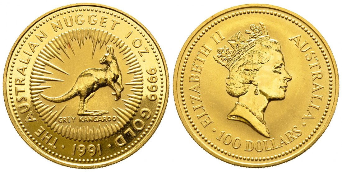 PEUS 9368 Australien 31,1 g Feingold. Graues Känguru 100 Dollars GOLD Unze 1991 Kl. Kratzer, Vorzüglich