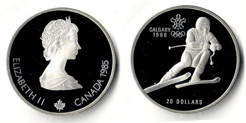  Kanada  20 Dollar 1985 Skiabfahrt     FM-Frankfurt   Feingewicht: 31,11g  Silber   