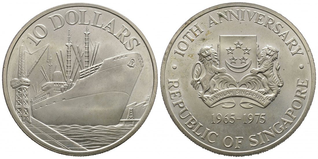 PEUS 9408 Singapur 15,55 g Feinsilber. 10 Jahre Unabhängigkeit / Dampfer am Kai 10 Dollars SILBER 1976 Stempelglanz