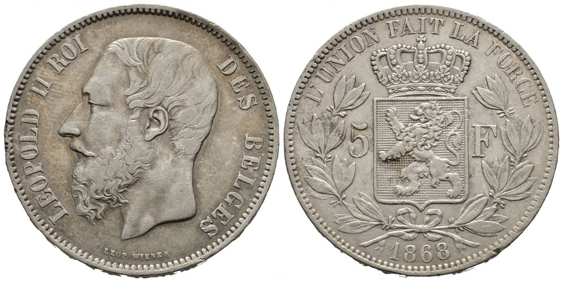 PEUS 9387 Belgien 22,5 g Feinsilber. Leopold II. (1865 - 1909) 5 Francs SILBER 1868 Sehr schön