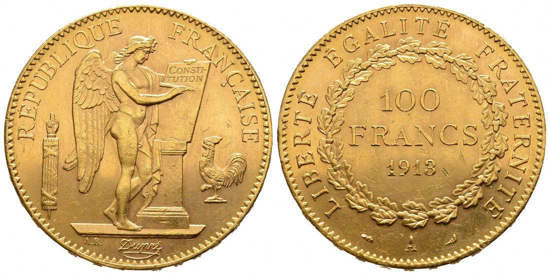 PEUS 9420 Frankreich 29,03 g Feingold. 3. Republik (1870-1940) 100 Francs GOLD 1913 A Paris Kl. Kratzer, Vorzüglich