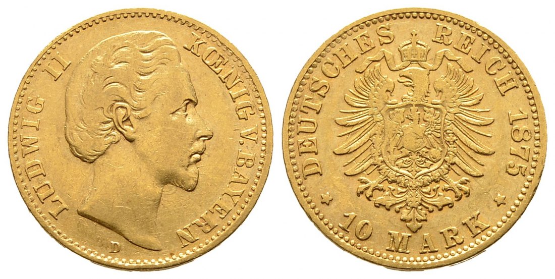 PEUS 9437 Kaiserreich - Bayern 3,58 g Feingold. Ludwig II. (1864-1886) 10 Mark GOLD 1875 D München Sehr schön