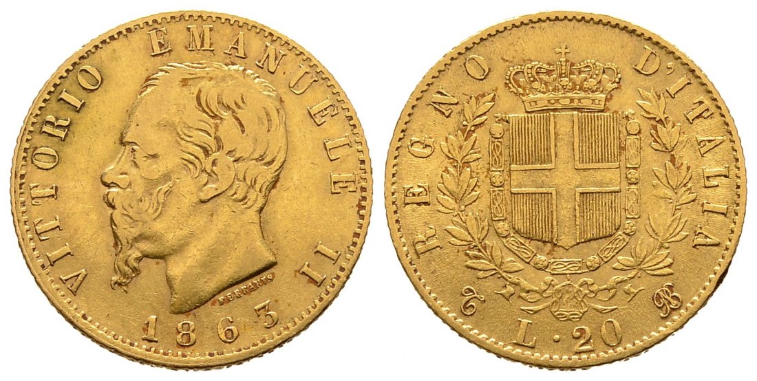 PEUS 9447 Italien Königreich 5,81 g Feingold. Vittorio Emanuelle II. (1861 - 1878) 20 Lire GOLD 1863 T BN Sehr schön