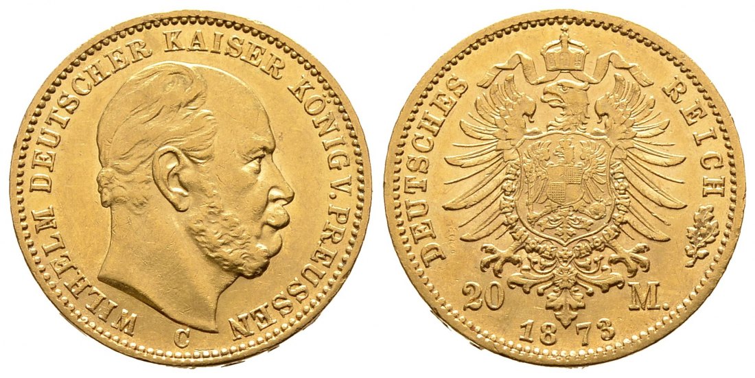 PEUS 9452 Kaiserreich - Preußen 7,17 g Feingold. Wilhelm I. (1861 - 1888) 20 Mark GOLD 1873 C Frankfurt Kratzer, Sehr schön