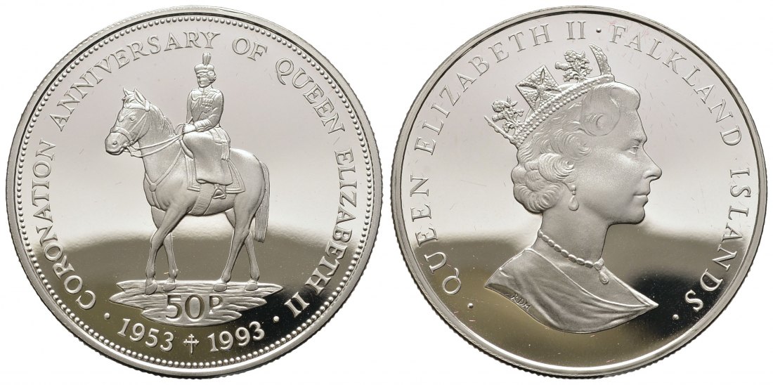 PEUS 9460 Falkland Inseln 26,16 g Silber. Elisabeth II Thronjubiläum 50 Pence SILBER 1993 Proof