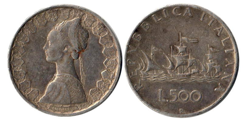  Italien 500 Lire 1958 Columbus 's ships    FM-Frankfurt  Feingewicht: 9,18g Silber   