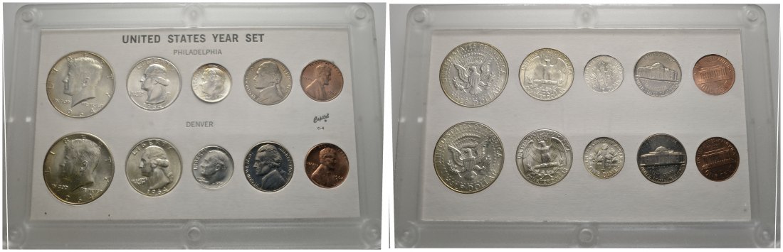 PEUS 9398 USA 1,82 Dollars. US Year Set (10 Münzen) 1964 Uncirculated (Rahmen)