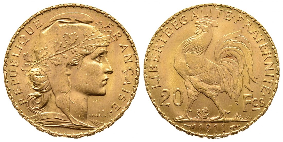 PEUS 9493 Frankreich 5,81 g Feingold. Marianne / Galischer Hahn 20 Francs GOLD 1911 Fast vorzüglich