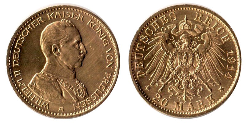 Preussen, Königreich MM-Frankfurt Feingold: 7,17g 20 Mark  Wilhelm II. 1888-1918 1914 A 