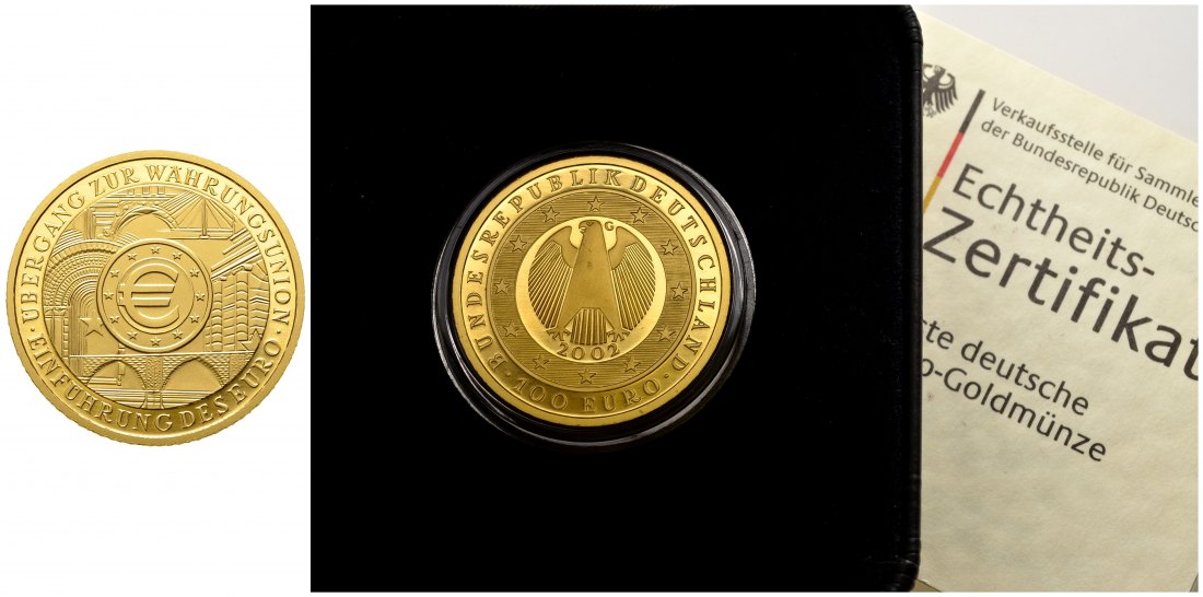 PEUS 9574 BRD 15,55 g Feingold. Währungsunion mit Etui + Zertifikat 100 Euro GOLD 1/2 Unze 2002 G Karlsruhe Stempelglanz
