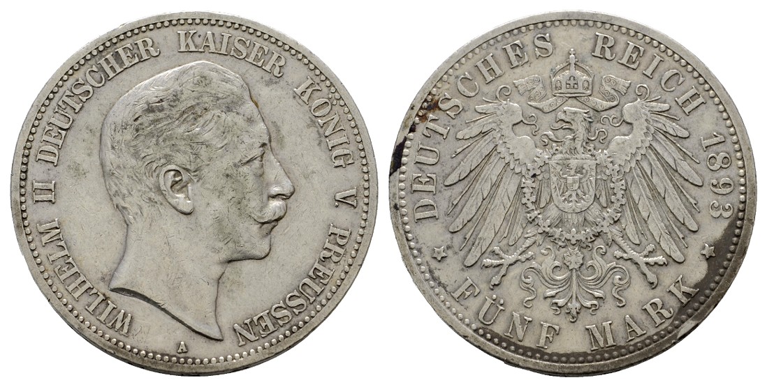  Linnartz KAISERREICH Preussen Wilhelm II. 5 Mark 1893 ss   