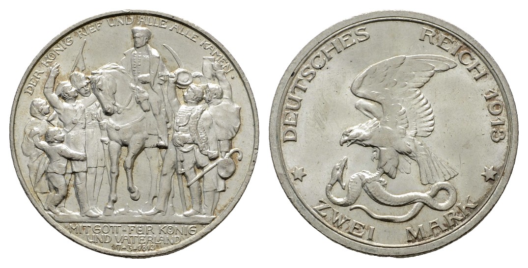  Linnartz KAISERREICH Preussen Wilhelm II. 2 Mark 1913 Der König rief kl. Rdf. vz   