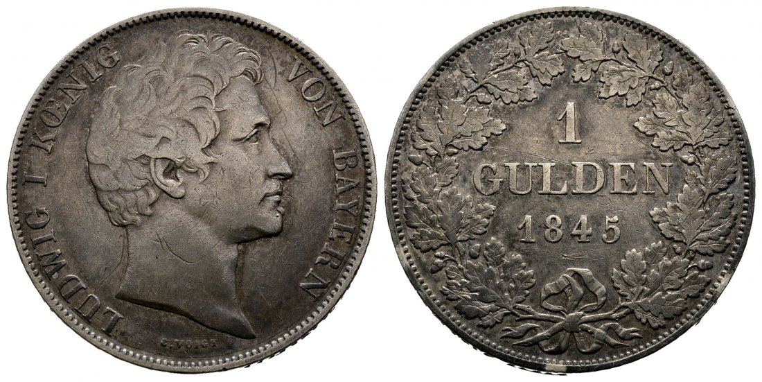 PEUS 9896 Bayern - Königreich Ludwig I. (1825-1848) Gulden 1845 Randverfärbungen, Sehr schön
