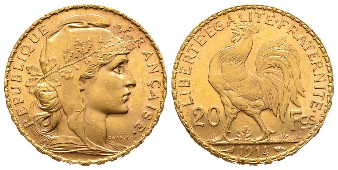 PEUS 9895 Frankreich 5,81 g Feingold. Marianne 20 Francs GOLD 1914 Vorzüglich