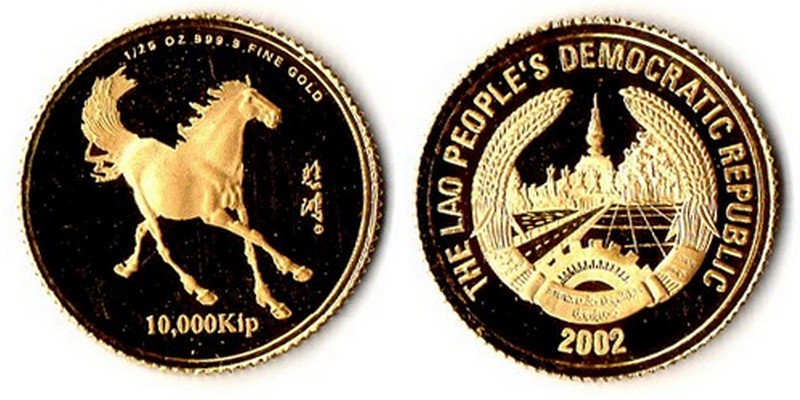 Laos  10000 KIP  2002 MM-Frankfurt  Feingold: 1,24g Horse  