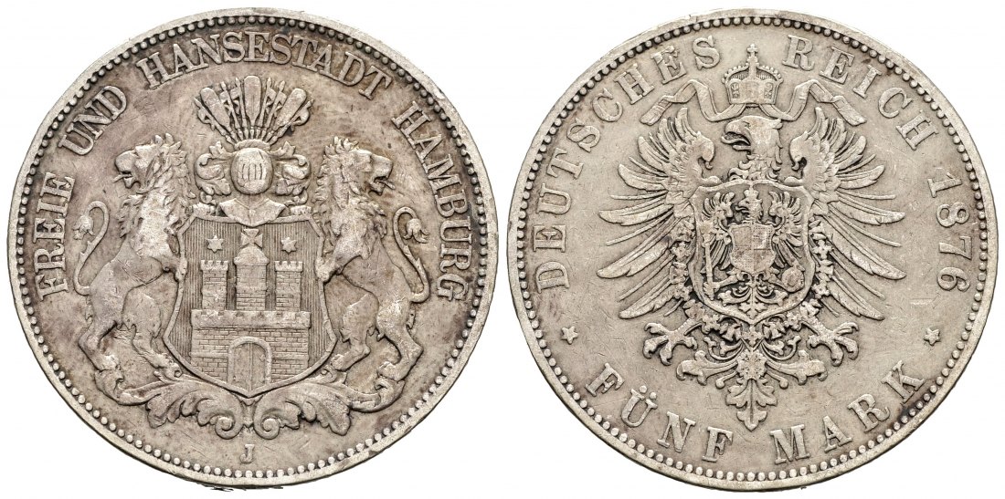 PEUS 9914  Kaiserreich - Hamburg  5 Mark 1876 J Sehr schön