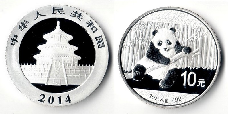  China  10 Yuan  2014  Panda seated with Bamboo  FM-Frankfurt  Feinsilber: 31,1g   