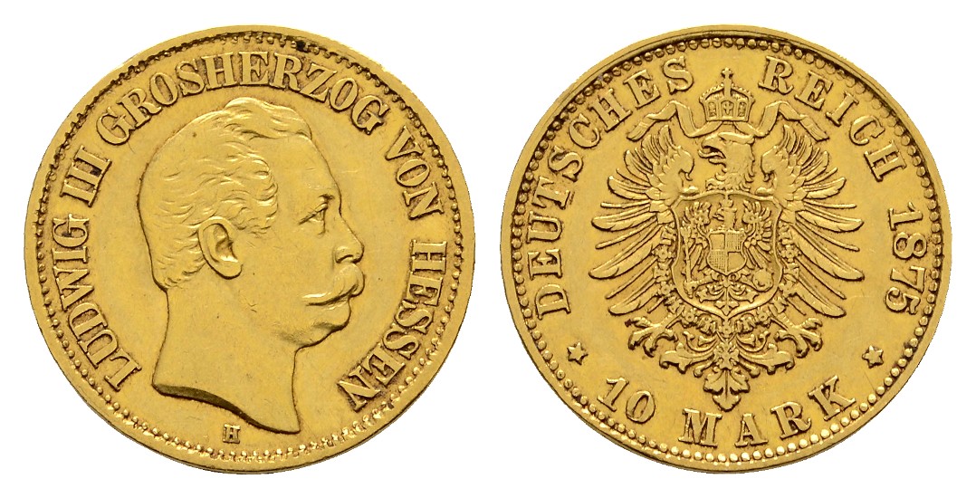  Linnartz Hessen Ludwig III. 10 Mark 1875 H ss+ Gewicht: 3,98g/900er   