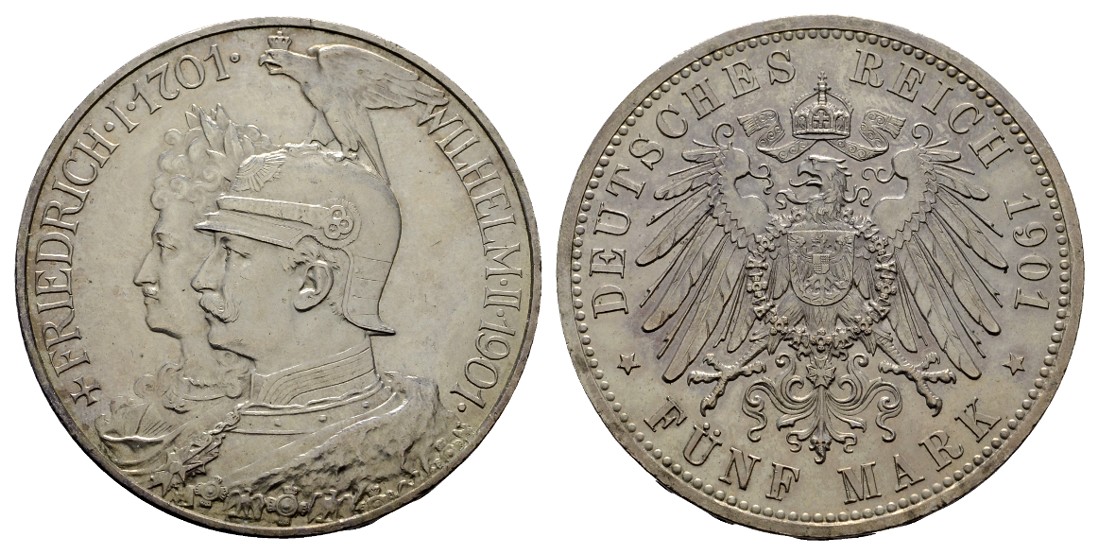  Linnartz KAISERREICH Preussen Wilhelm II. 5 Mark 1901 200 Jahre Königreich vz+/stgl   