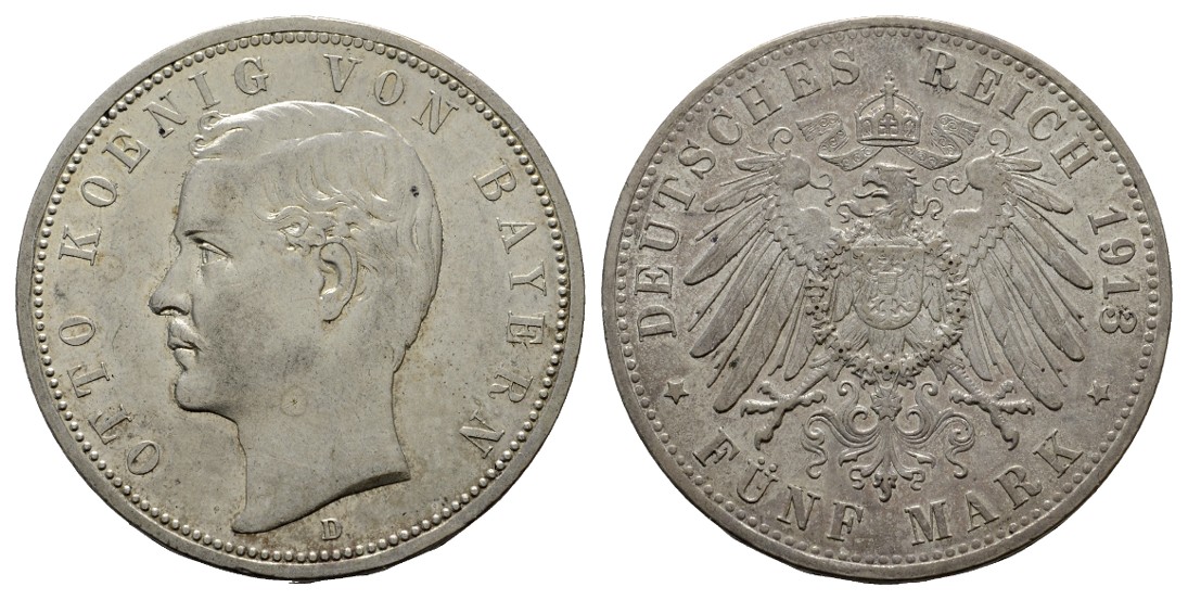  Linnartz KAISERREICH Bayern Otto 5 Mark 1913 D vz   