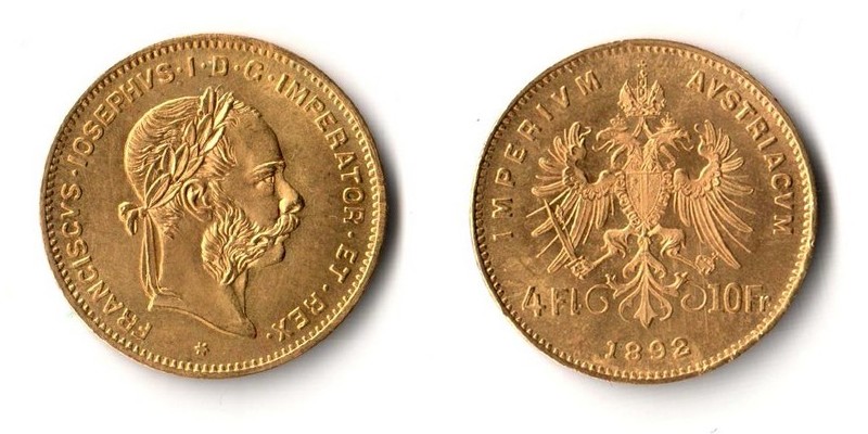 Österreich  4 Florin - 10 Francs  1892 MM-Frankfurt   Feingold: 2,9g   
