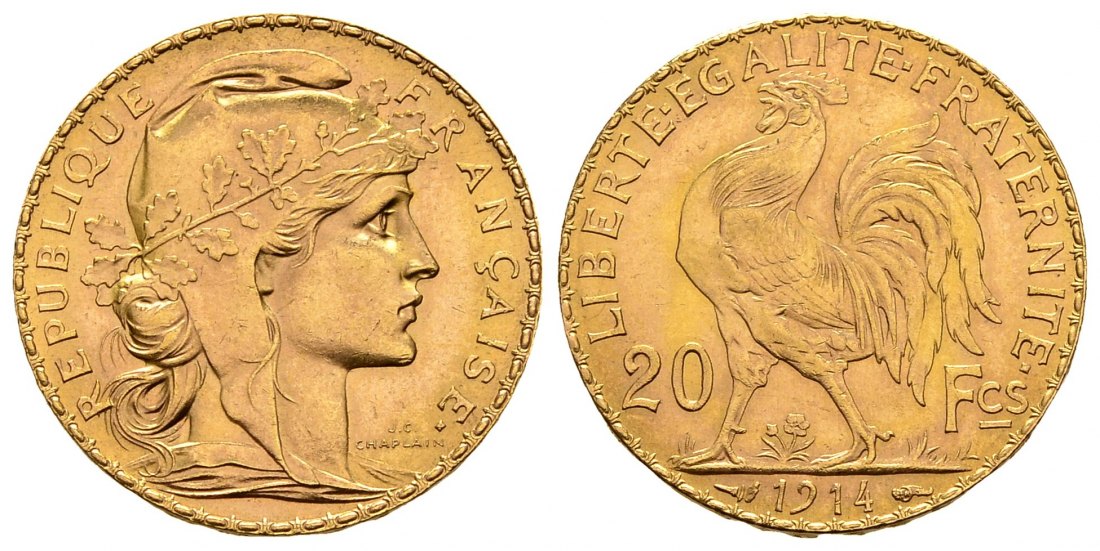 PEUS 1237 Frankreich 5,81 g Feingold. Marianne 20 Francs GOLD 1914 Vorzüglich