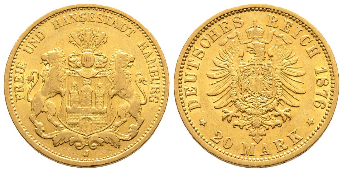 PEUS 1382 Kaiserreich - Hamburg 7,16 g Feingold. Stadtwappen / Kleiner Adler 20 Mark GOLD 1876 J Sehr schön