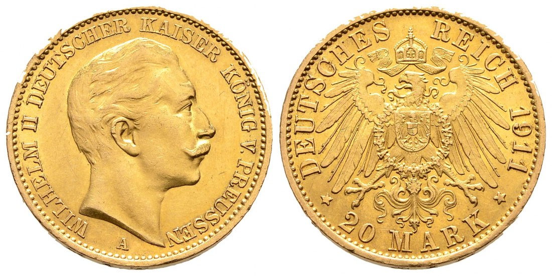 PEUS 1384 Preußen - Kaiserreich 7,16 g Feingold. Wilhelm II. (1888 - 1918) 20 Mark GOLD 1911 A Kl. Kratzer + Randfehler, fastVorzüglich