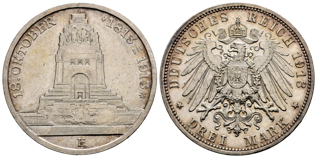 PEUS 1347 Kaiserreich - Sachsen Völkerschlachtdenkmal 3 Mark 1913 E Sehr schön / Vorzüglich +
