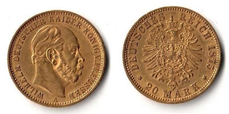 Preussen, Kaiserreich  20 Mark  1875 A MM-Frankfurt Feingold: 7,17g Wilhelm I. 1861-1888  